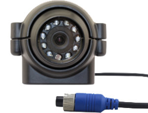 Close-up of a black security camera with a blue connector cable.