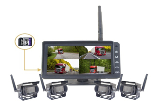 A vehicle monitoring system with multiple cameras and a central display screen.