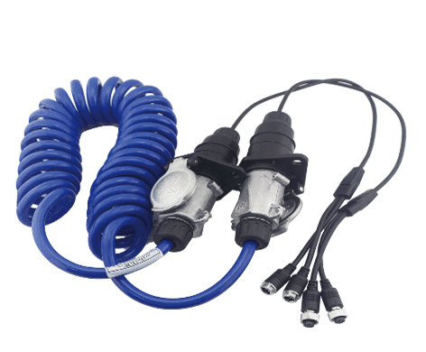 Two black and silver electronic connectors with blue coiled cables.