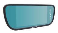 A car's side rearview mirror reflecting a blue sky.