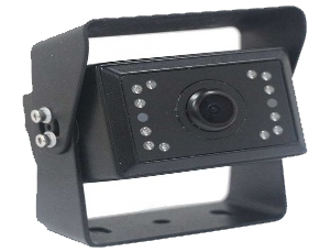 Close-up of a black surveillance camera with infrared LEDs.