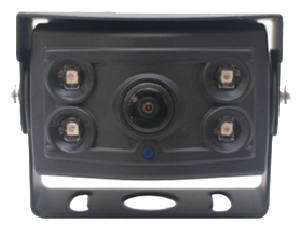 Close-up of a camera module with four LED lights around the lens.