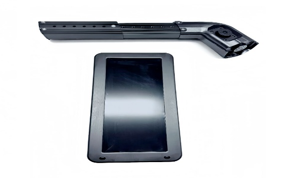 A black tablet with a long, adjustable arm attached.