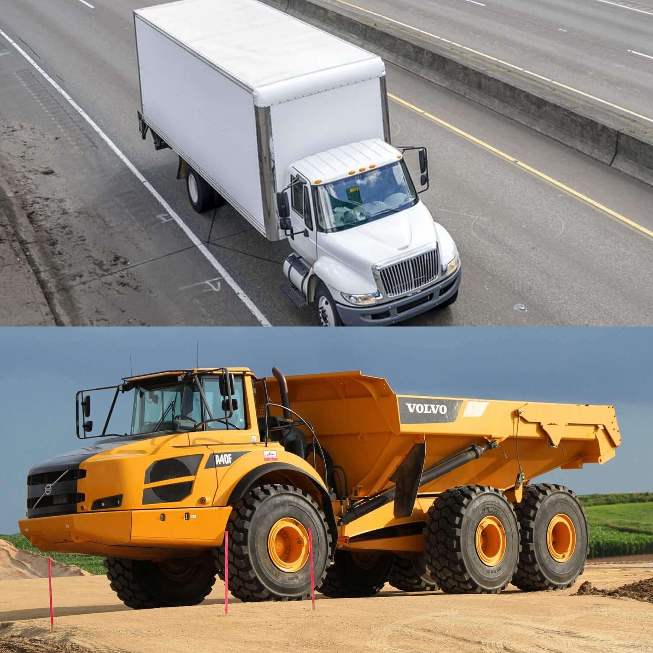 White box truck above yellow Volvo dump truck